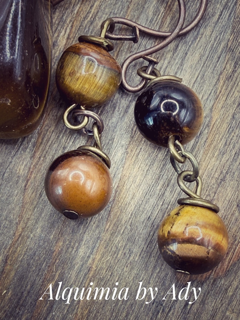 Alquimia Tiger Eye Bead Drop Earrings - Brown & Gold
